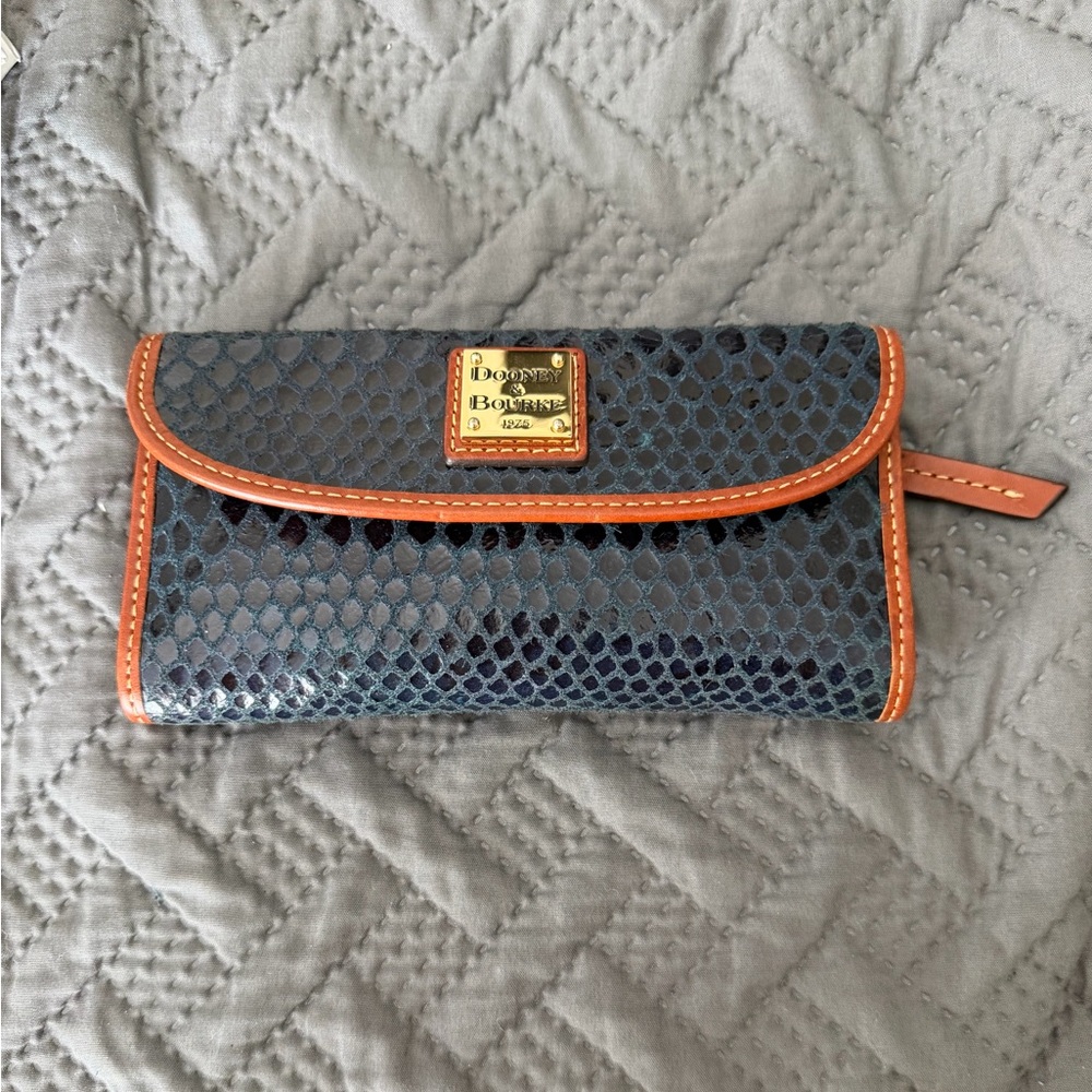 Dooney & Bourke Navy Snake-Embossed Leather Wallet with Tan Trim